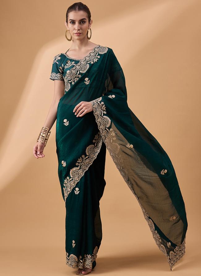 Muslin Teal Festival Wear Floral Saree